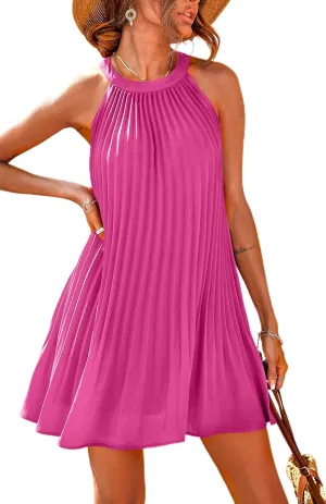 PRETTYGARDEN Women's Cute Halter Neck Sleeveless Mini Dress Solid Color Flowy Pleated Beach Dress Sundress
