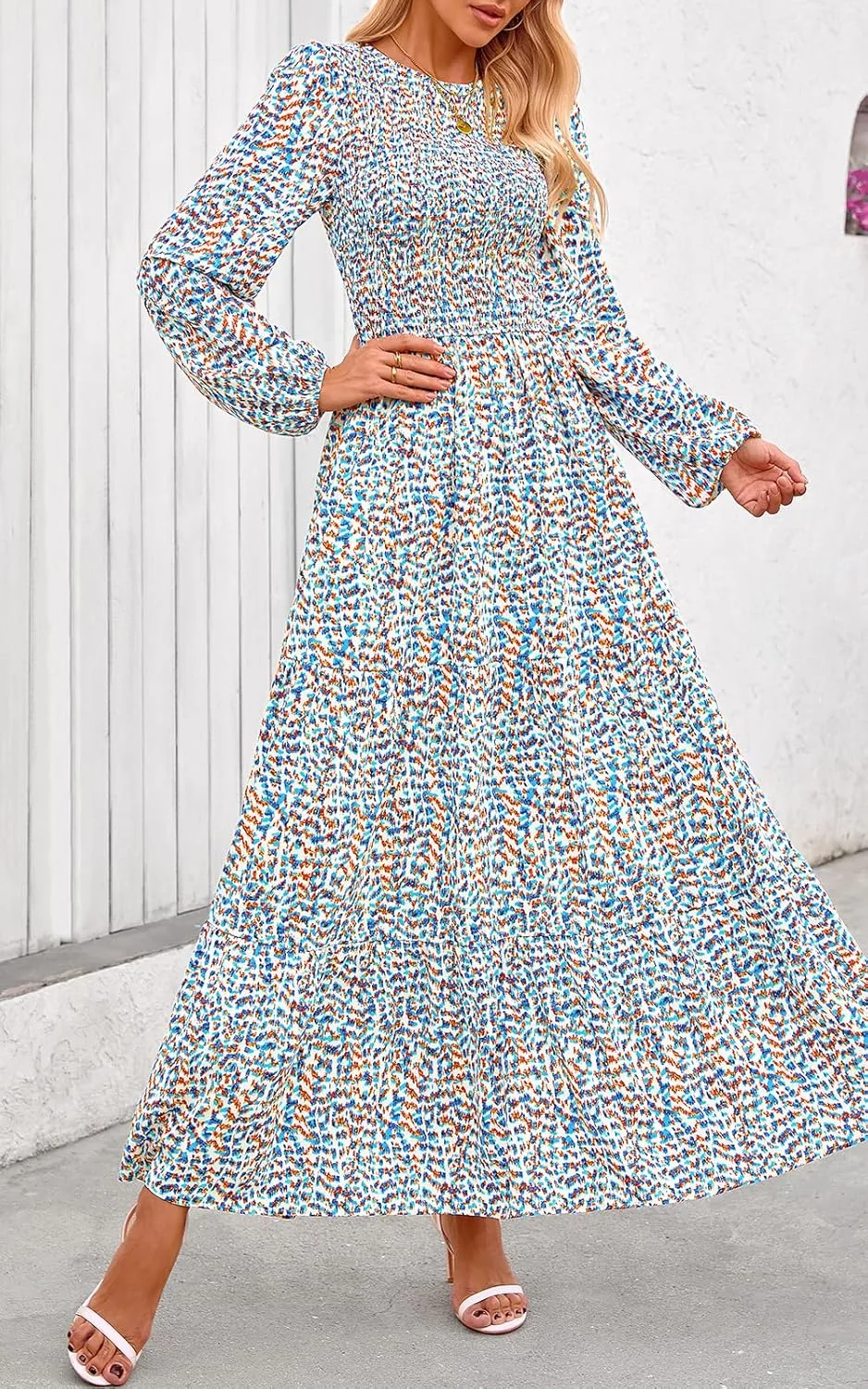 PRETTYGARDEN Women's Spring Dresses 2025 Long Sleeve Flowy Casual Floral Maxi Dress Crew Neck Smocked Tiered Long Dress