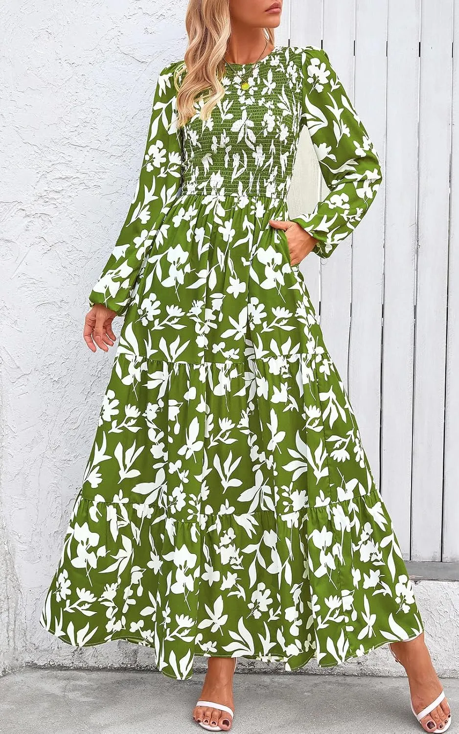 PRETTYGARDEN Women's Spring Dresses 2025 Long Sleeve Flowy Casual Floral Maxi Dress Crew Neck Smocked Tiered Long Dress