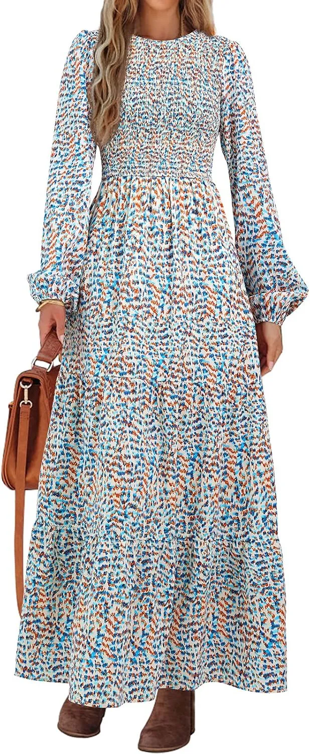 PRETTYGARDEN Women's Spring Dresses 2025 Long Sleeve Flowy Casual Floral Maxi Dress Crew Neck Smocked Tiered Long Dress