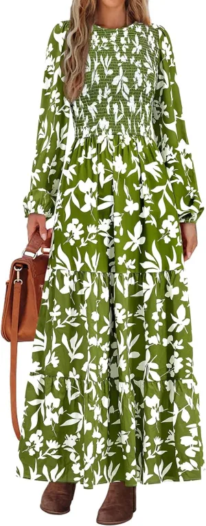 PRETTYGARDEN Women's Spring Dresses 2025 Long Sleeve Flowy Casual Floral Maxi Dress Crew Neck Smocked Tiered Long Dress