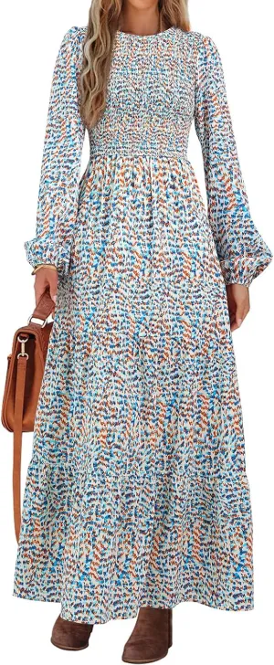PRETTYGARDEN Women's Spring Dresses 2025 Long Sleeve Flowy Casual Floral Maxi Dress Crew Neck Smocked Tiered Long Dress