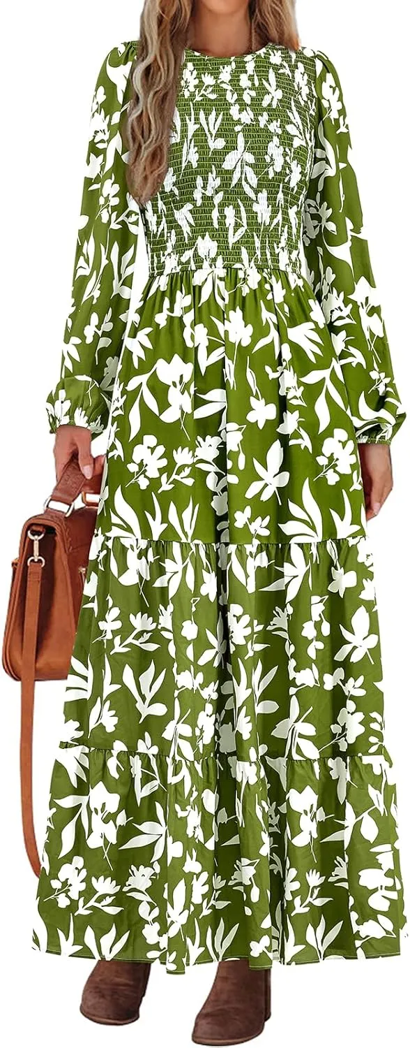 PRETTYGARDEN Women's Spring Dresses 2025 Long Sleeve Flowy Casual Floral Maxi Dress Crew Neck Smocked Tiered Long Dress