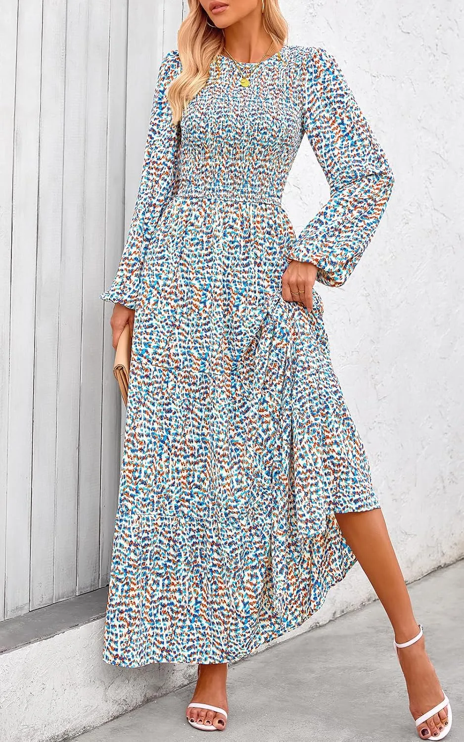 PRETTYGARDEN Women's Spring Dresses 2025 Long Sleeve Flowy Casual Floral Maxi Dress Crew Neck Smocked Tiered Long Dress
