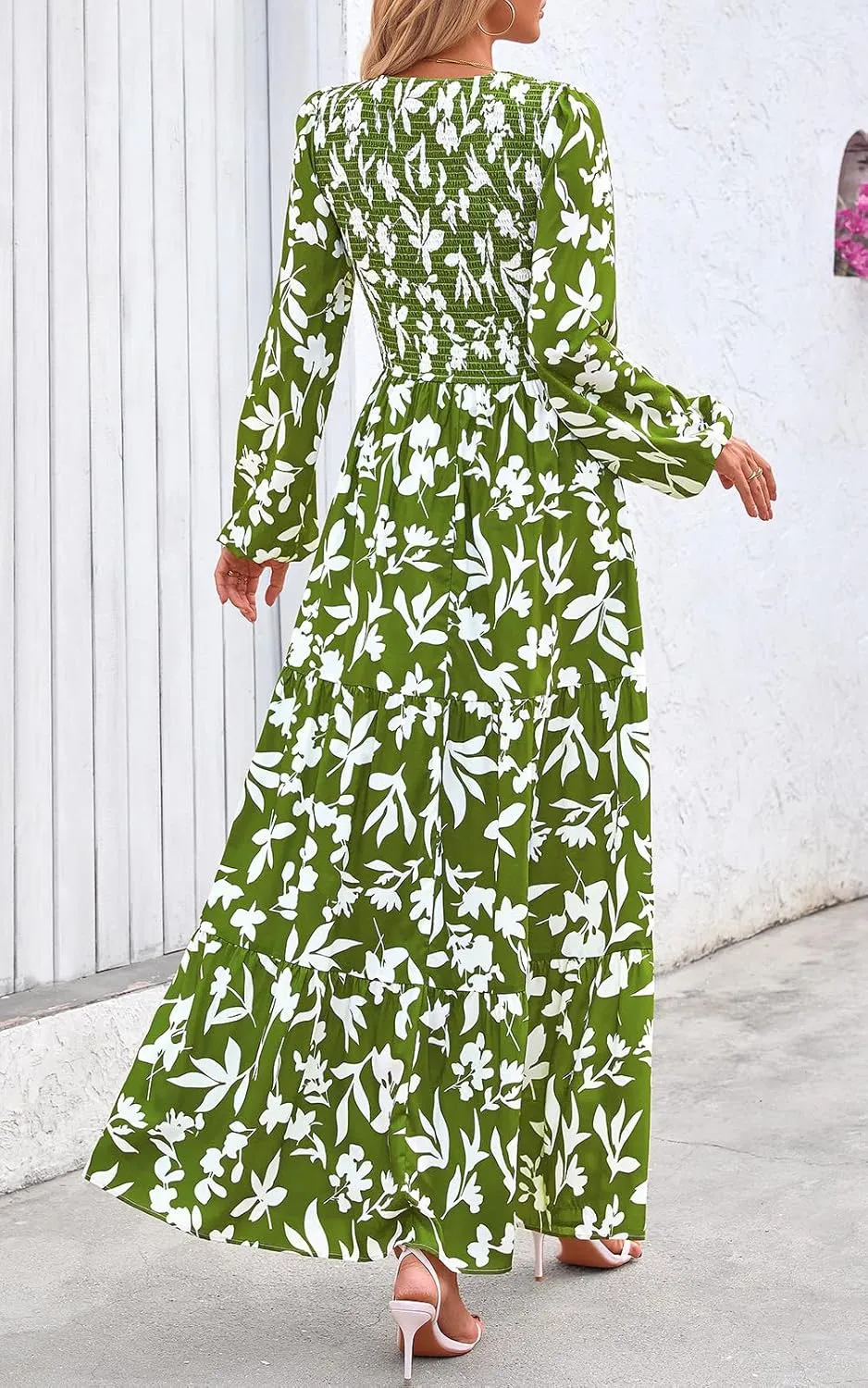 PRETTYGARDEN Women's Spring Dresses 2025 Long Sleeve Flowy Casual Floral Maxi Dress Crew Neck Smocked Tiered Long Dress
