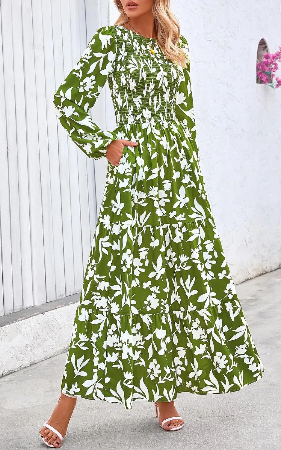 PRETTYGARDEN Women's Spring Dresses 2025 Long Sleeve Flowy Casual Floral Maxi Dress Crew Neck Smocked Tiered Long Dress
