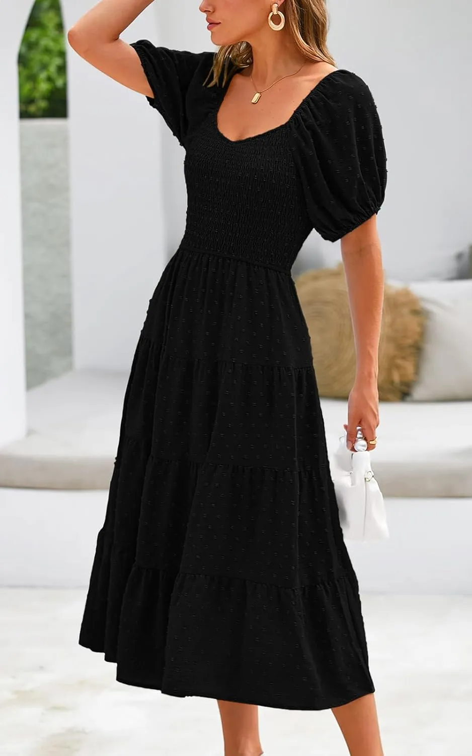 PRETTYGARDEN Women's Spring Dresses 2025 Puff Sleeve V Neck Swiss Dot High Waist Chiffon Dress Tiered Smocked Maxi Dresses