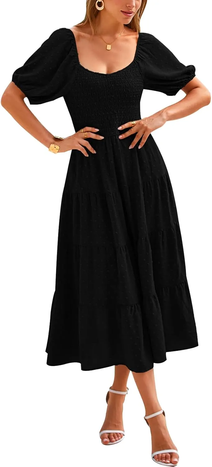PRETTYGARDEN Women's Spring Dresses 2025 Puff Sleeve V Neck Swiss Dot High Waist Chiffon Dress Tiered Smocked Maxi Dresses