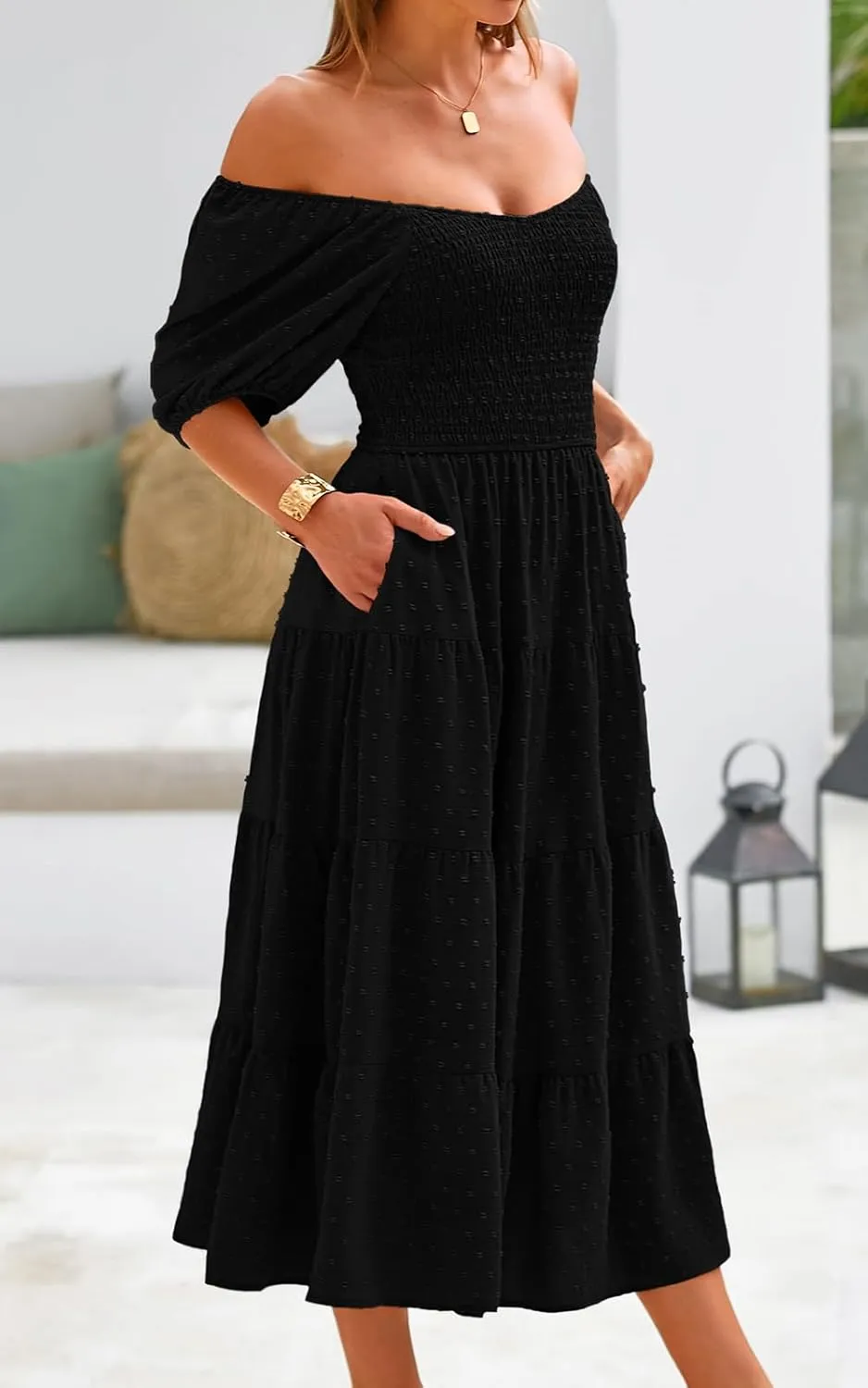 PRETTYGARDEN Women's Spring Dresses 2025 Puff Sleeve V Neck Swiss Dot High Waist Chiffon Dress Tiered Smocked Maxi Dresses
