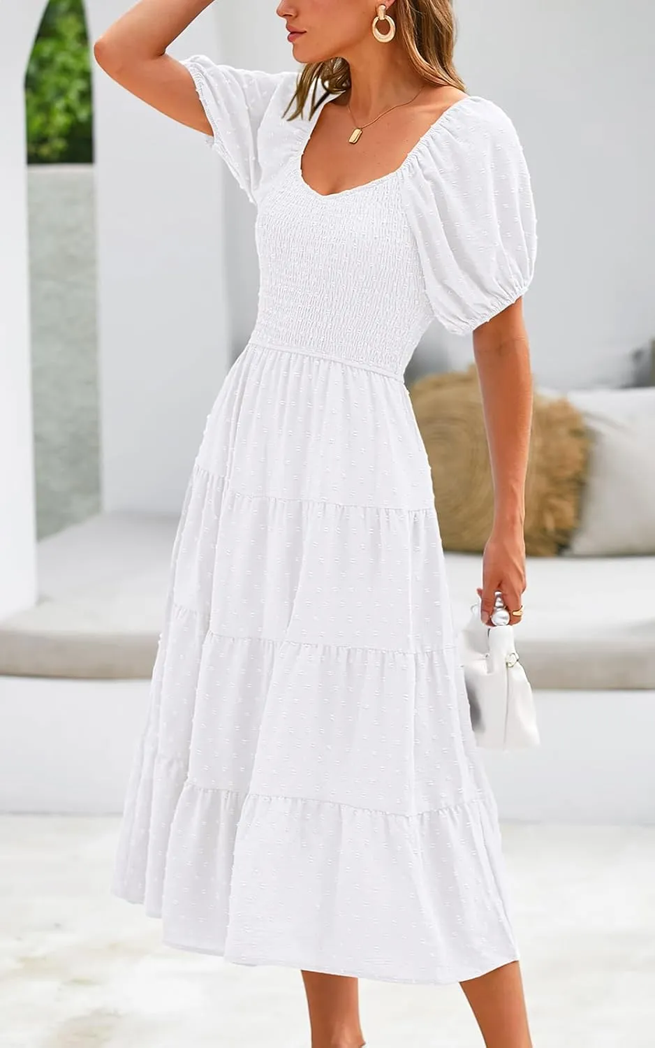 PRETTYGARDEN Women's Spring Dresses 2025 Puff Sleeve V Neck Swiss Dot High Waist Chiffon Dress Tiered Smocked Maxi Dresses