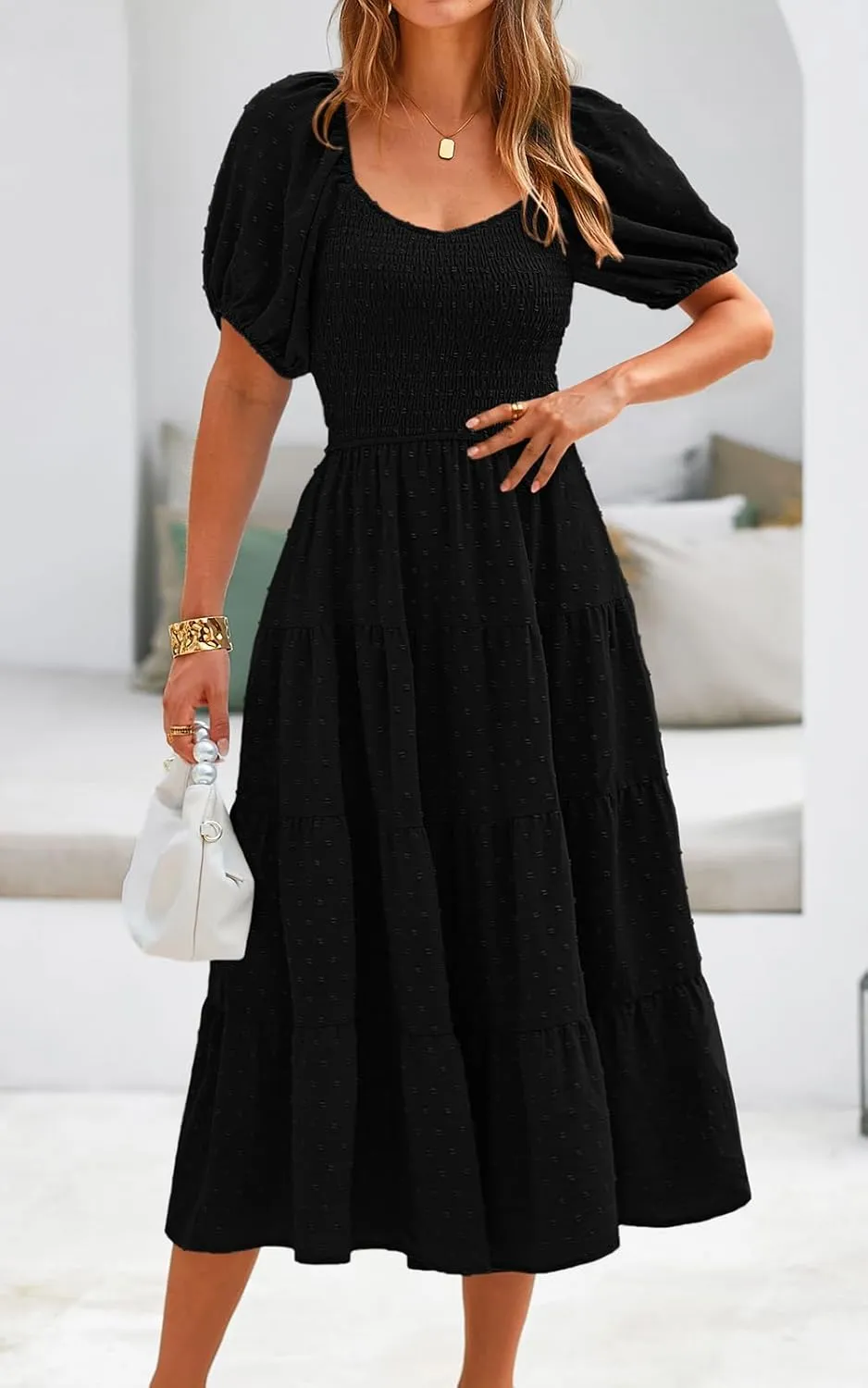 PRETTYGARDEN Women's Spring Dresses 2025 Puff Sleeve V Neck Swiss Dot High Waist Chiffon Dress Tiered Smocked Maxi Dresses