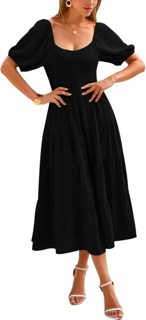 PRETTYGARDEN Women's Spring Dresses 2025 Puff Sleeve V Neck Swiss Dot High Waist Chiffon Dress Tiered Smocked Maxi Dresses
