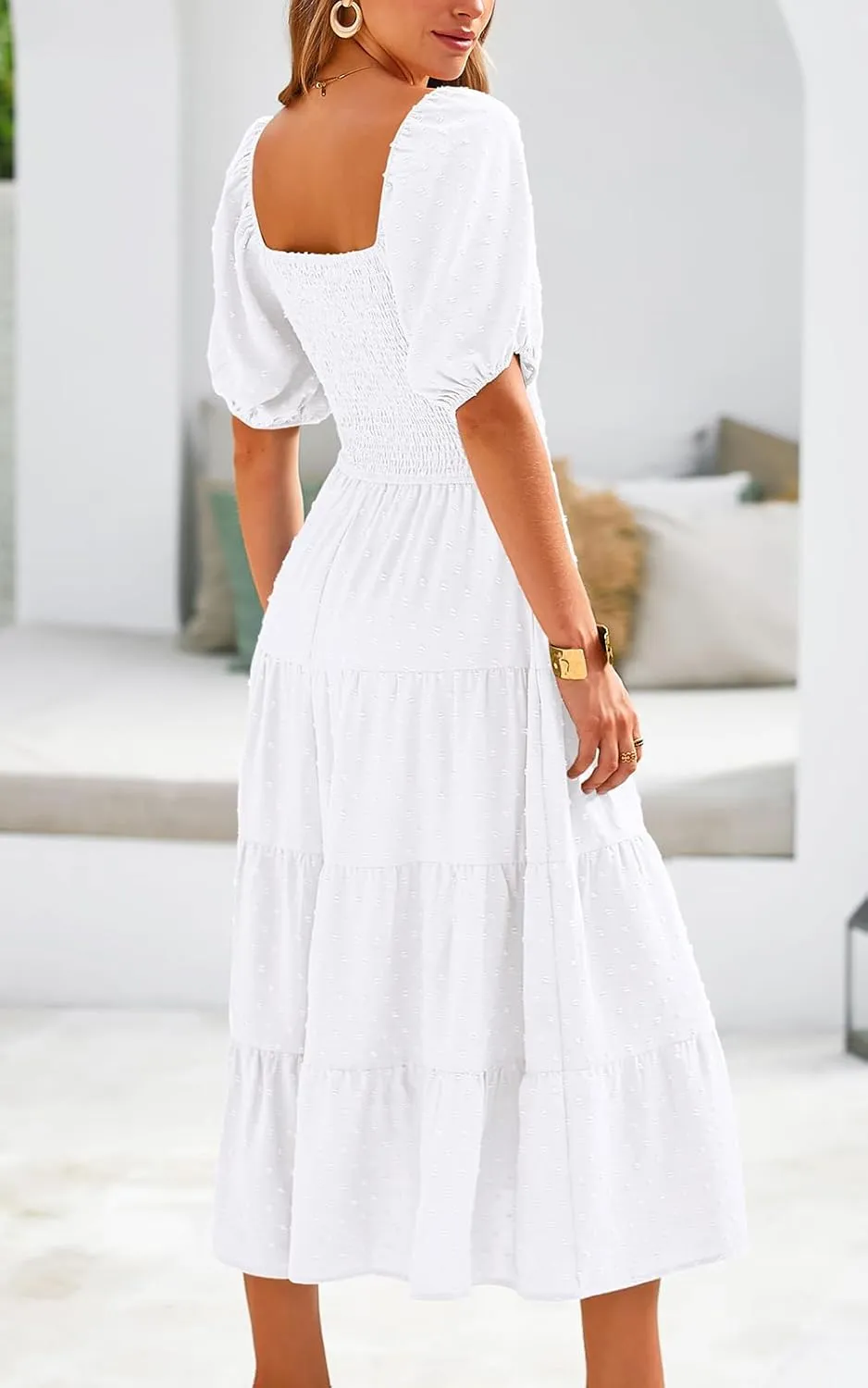 PRETTYGARDEN Women's Spring Dresses 2025 Puff Sleeve V Neck Swiss Dot High Waist Chiffon Dress Tiered Smocked Maxi Dresses
