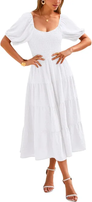 PRETTYGARDEN Women's Spring Dresses 2025 Puff Sleeve V Neck Swiss Dot High Waist Chiffon Dress Tiered Smocked Maxi Dresses