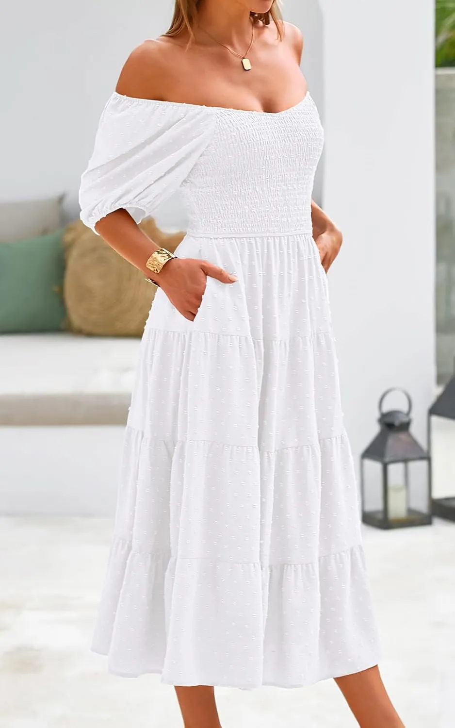 PRETTYGARDEN Women's Spring Dresses 2025 Puff Sleeve V Neck Swiss Dot High Waist Chiffon Dress Tiered Smocked Maxi Dresses