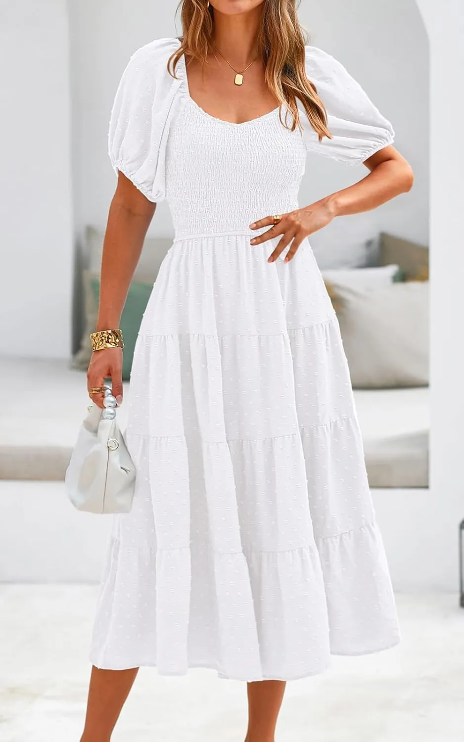 PRETTYGARDEN Women's Spring Dresses 2025 Puff Sleeve V Neck Swiss Dot High Waist Chiffon Dress Tiered Smocked Maxi Dresses