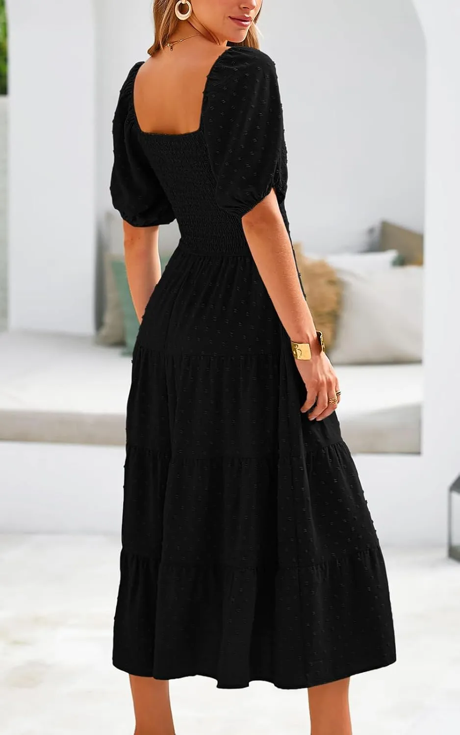 PRETTYGARDEN Women's Spring Dresses 2025 Puff Sleeve V Neck Swiss Dot High Waist Chiffon Dress Tiered Smocked Maxi Dresses