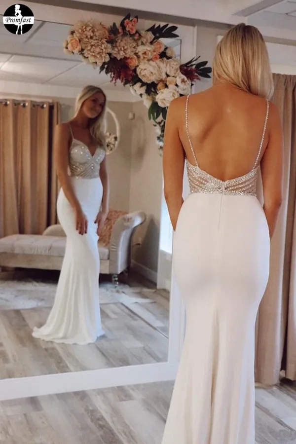 Promfast Cheap Mermaid Ivory V-Neck Straps Prom Dresses Evening Dresses for sale PFP1944