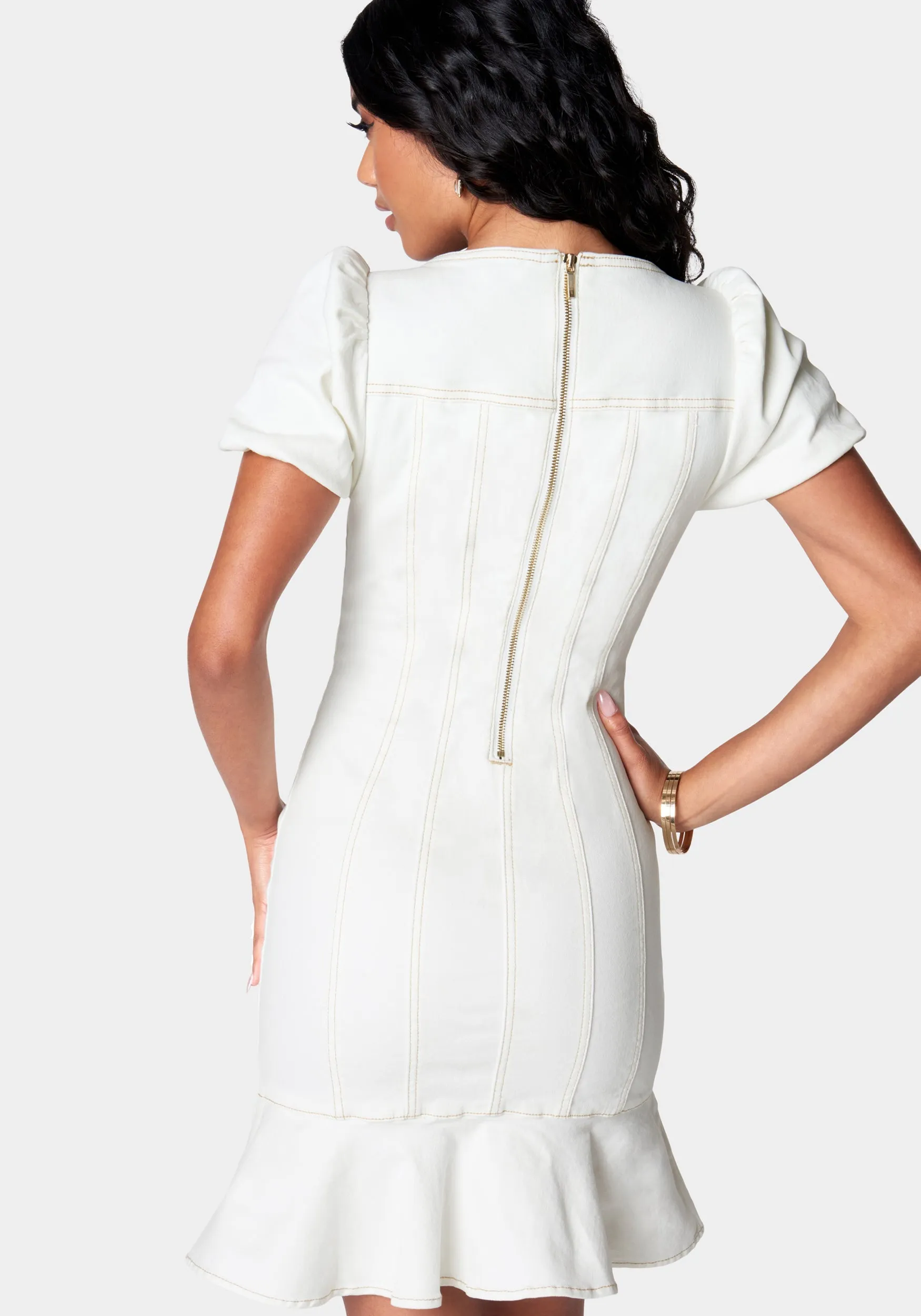 Puff Sleeves Fit & Flare Denim Dress