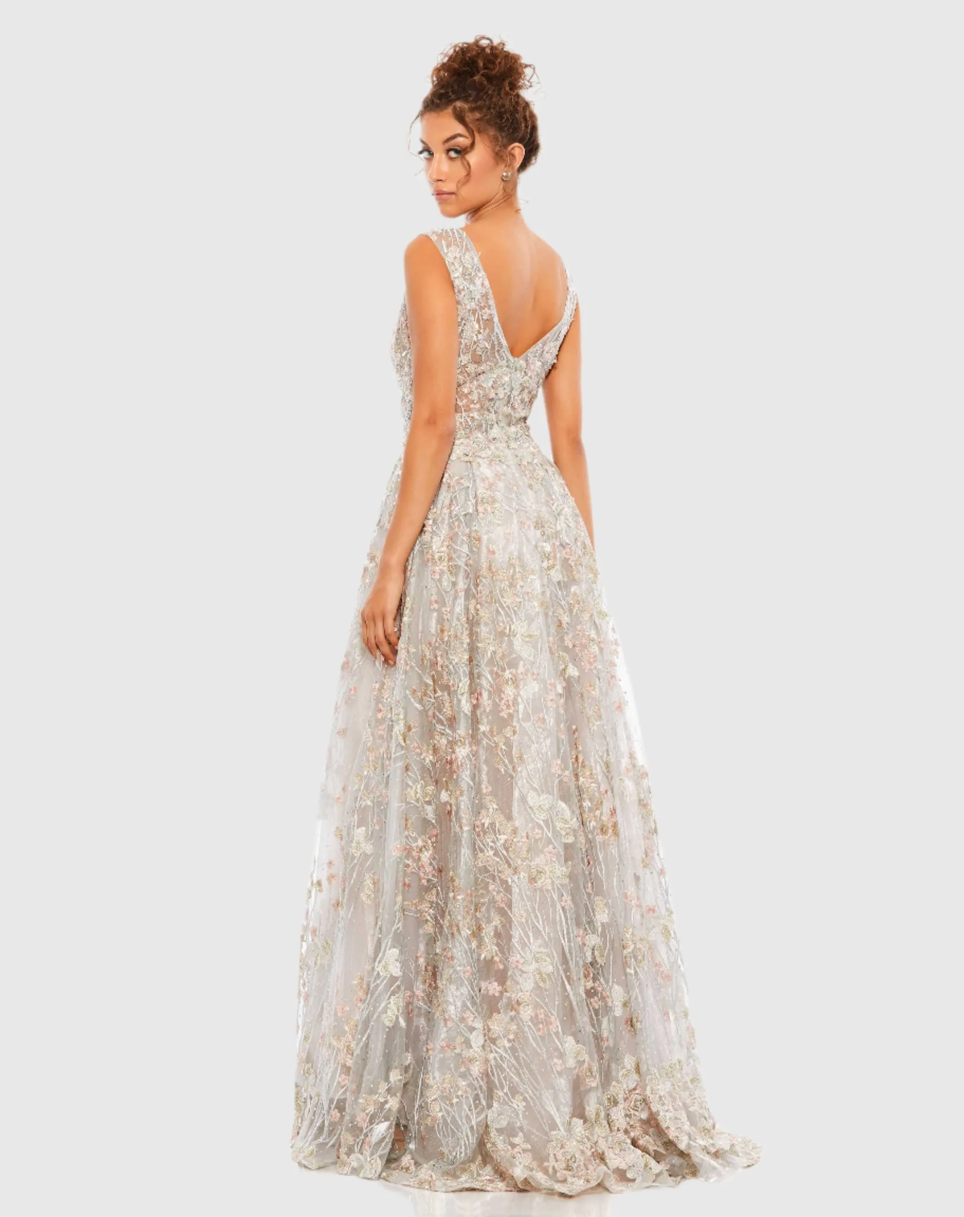 Purple Floral Embroidered Illusion V-Neck Gown - Black