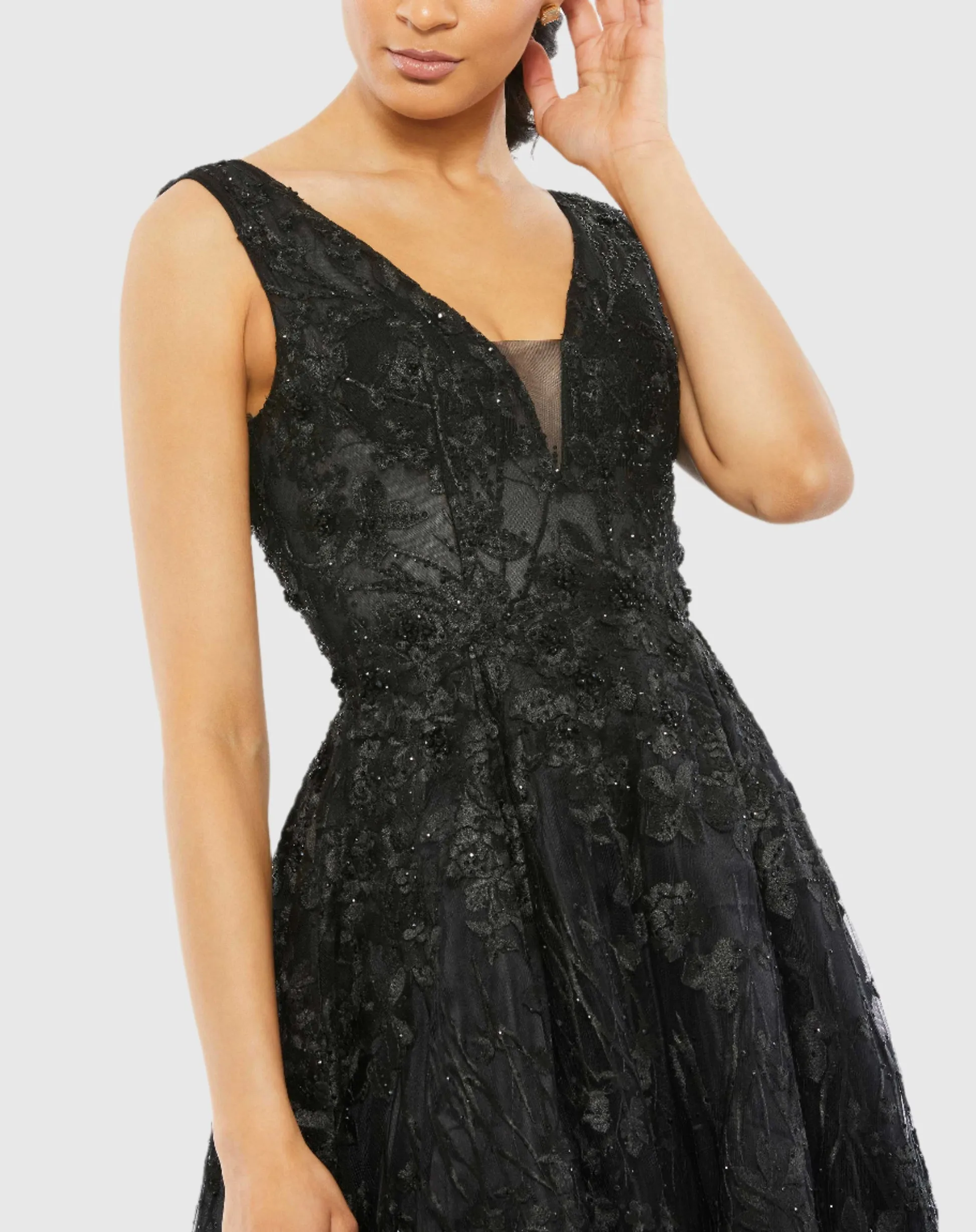 Purple Floral Embroidered Illusion V-Neck Gown - Black