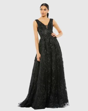 Purple Floral Embroidered Illusion V-Neck Gown - Black