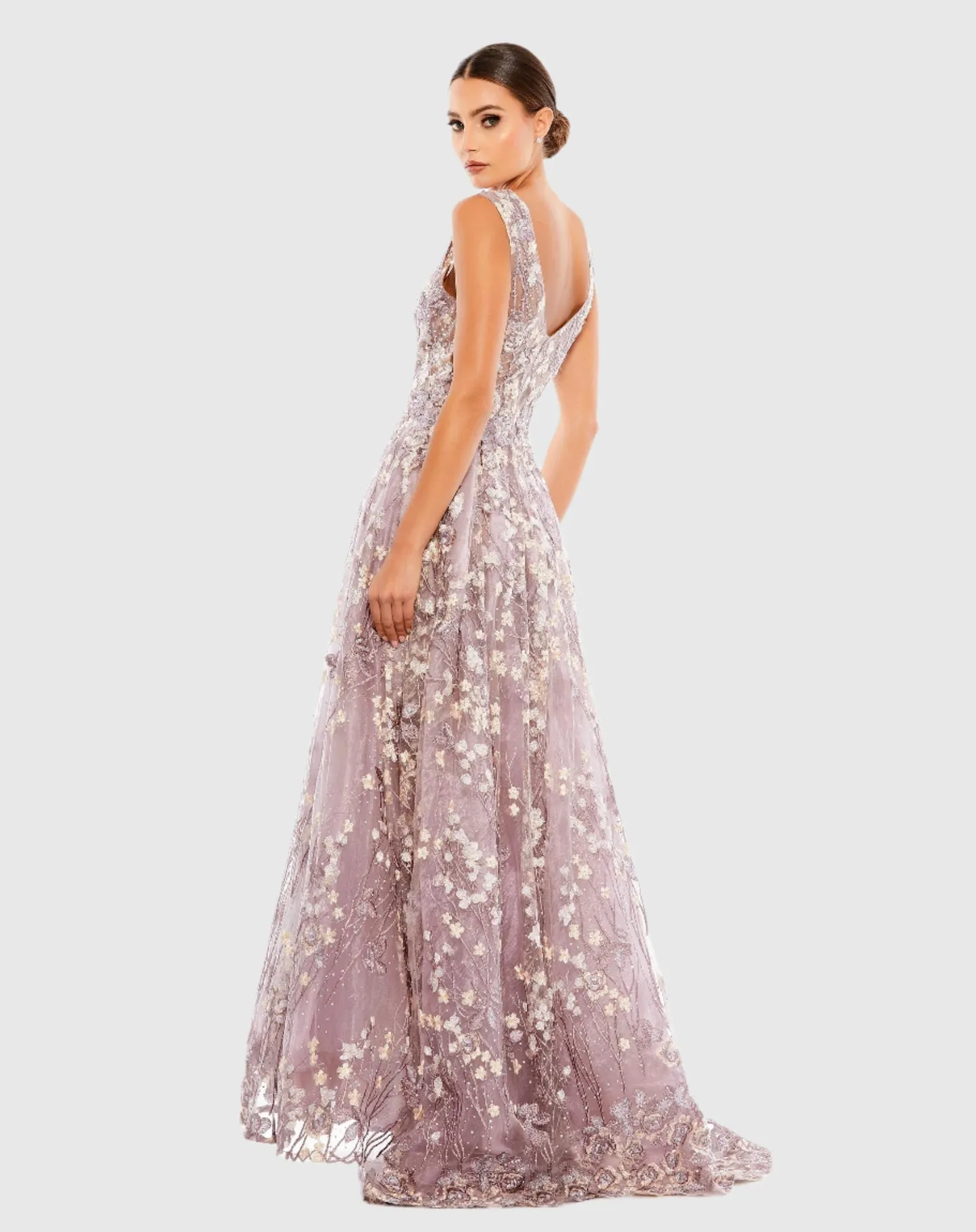 Purple Floral Embroidered Illusion V-Neck Gown - Black