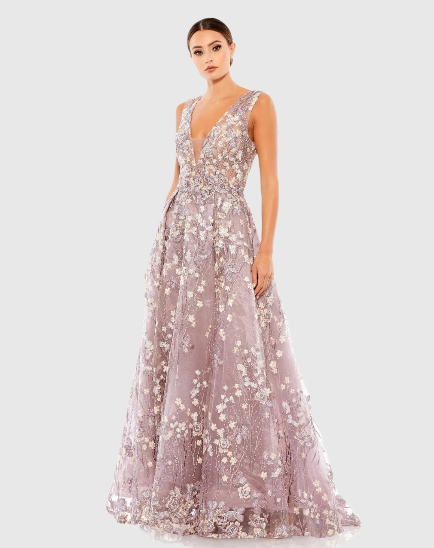 Purple Floral Embroidered Illusion V-Neck Gown - Black
