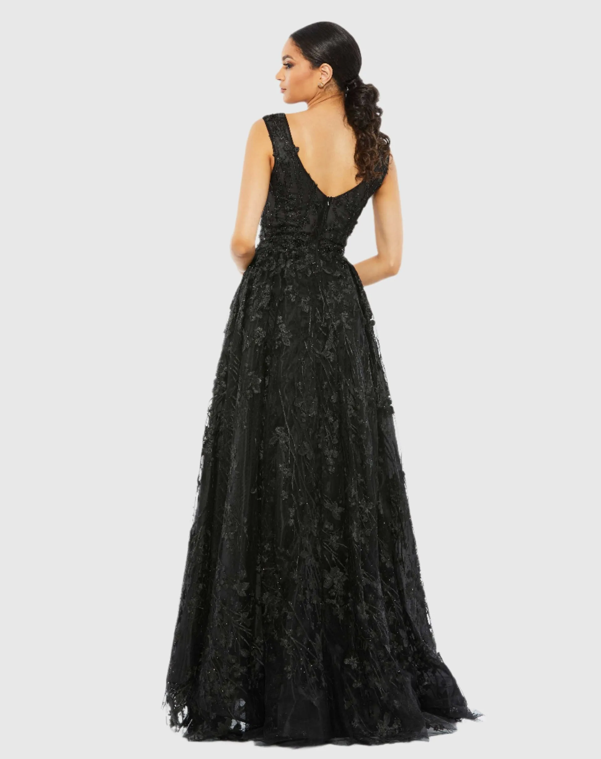 Purple Floral Embroidered Illusion V-Neck Gown - Silver