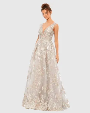 Purple Floral Embroidered Illusion V-Neck Gown - Silver