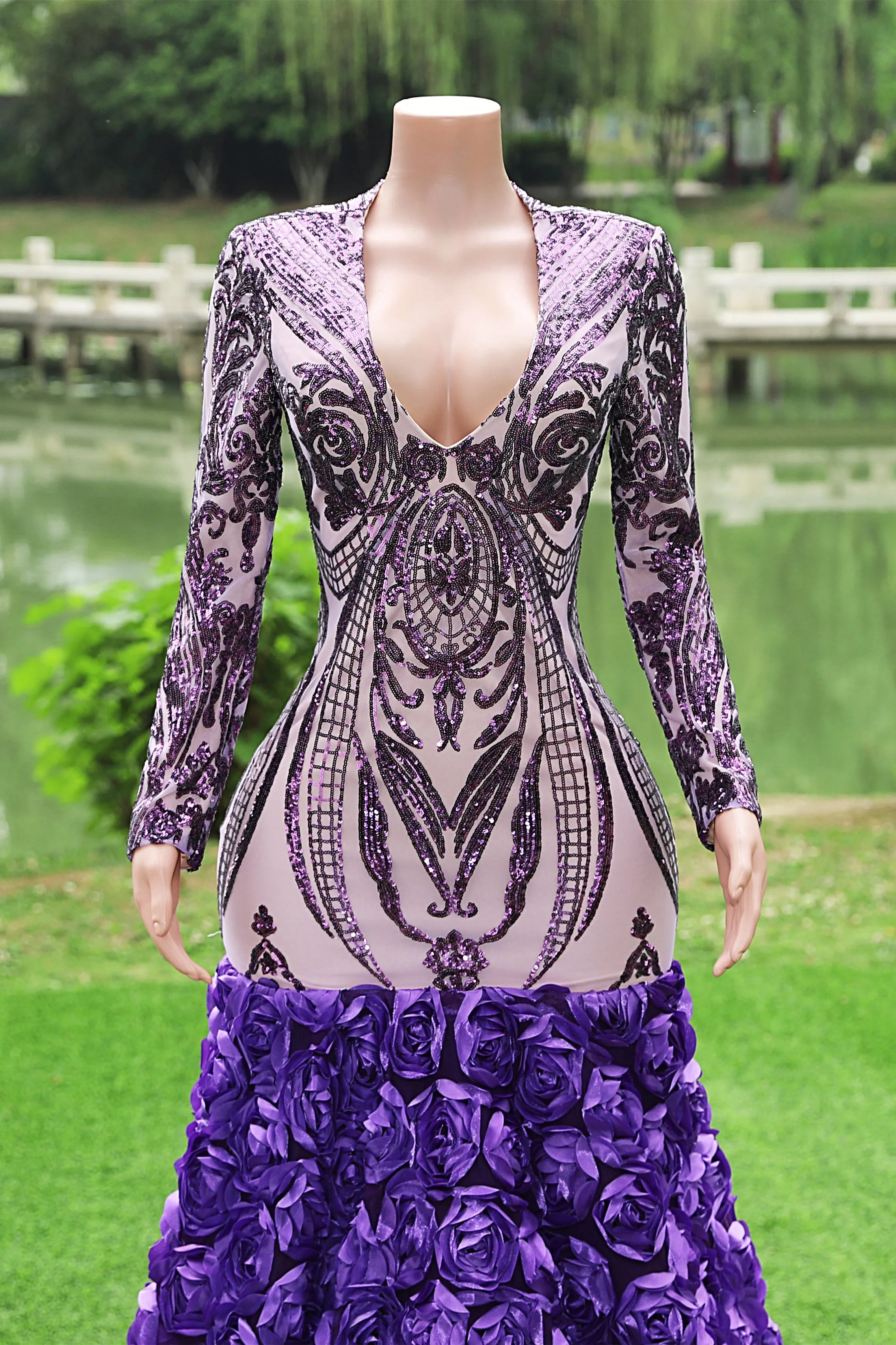 Purple Rose Prom Dresses Sequined V Neck Mermaid Evening Party Dresses Flowers Long Sleeves Pageant Gown
