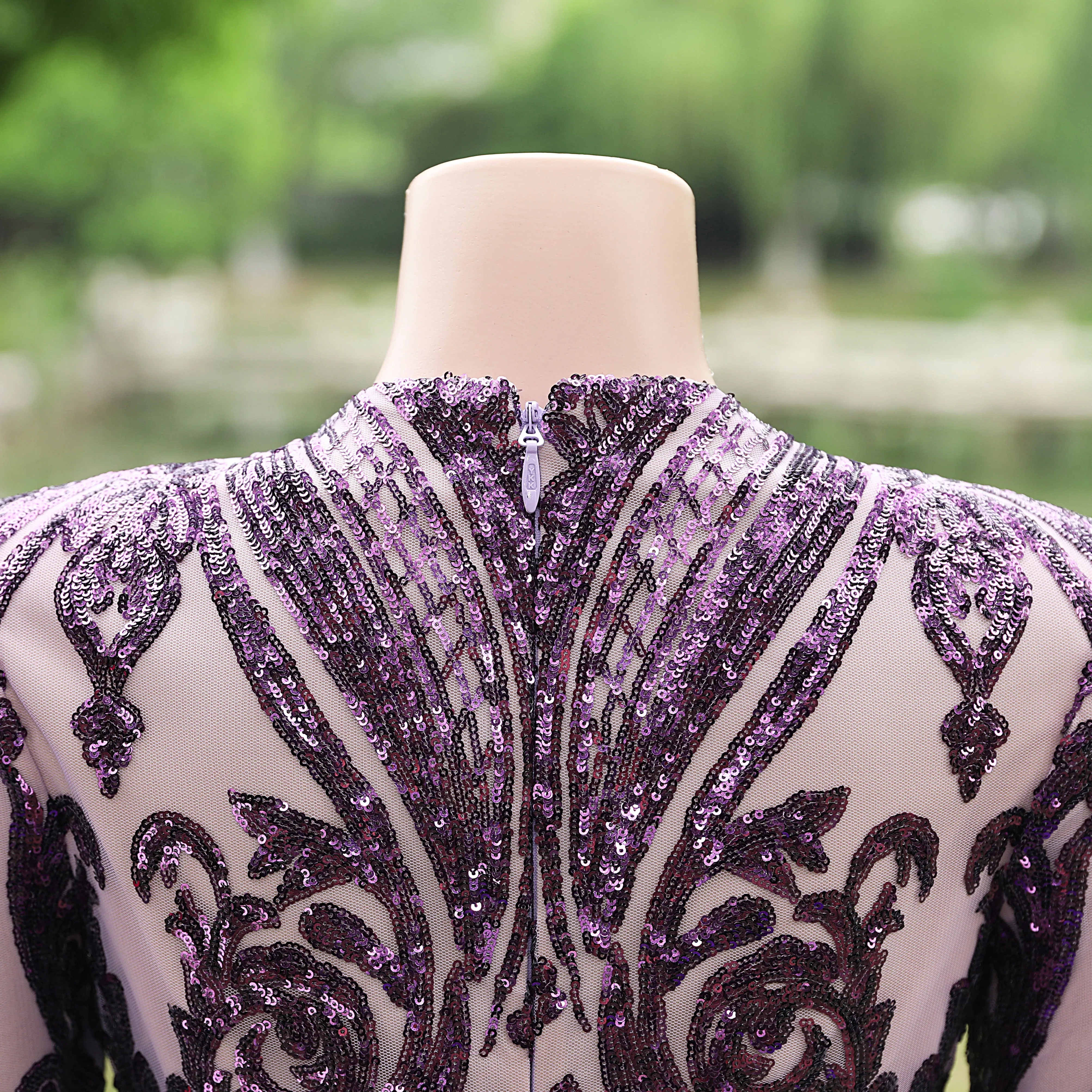 Purple Rose Prom Dresses Sequined V Neck Mermaid Evening Party Dresses Flowers Long Sleeves Pageant Gown