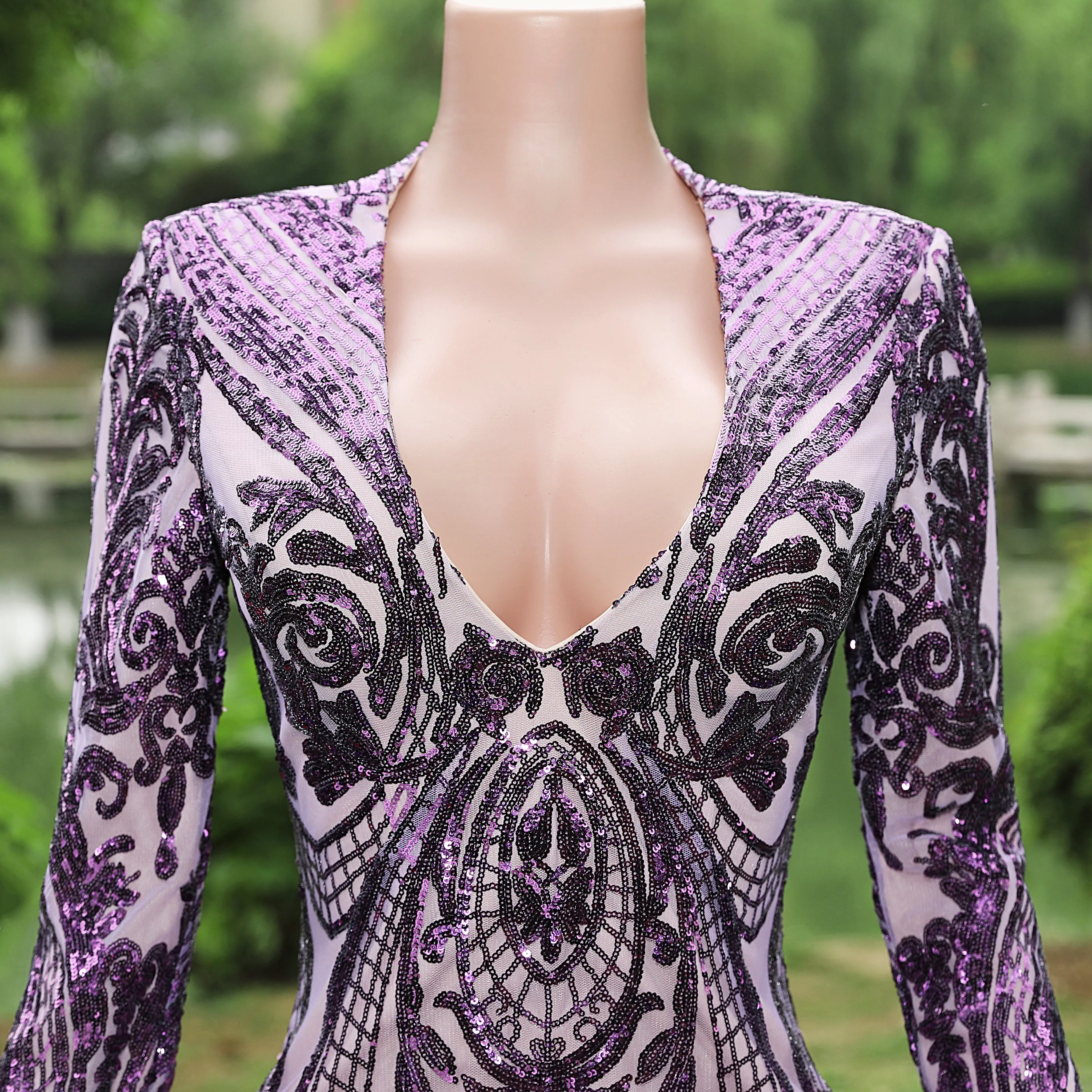Purple Rose Prom Dresses Sequined V Neck Mermaid Evening Party Dresses Flowers Long Sleeves Pageant Gown