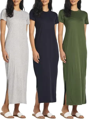 Real Essentials 3 Pack Womens Casual Short Sleeve Maxi T-Shirt Summer Dress with Slit & Pockets (Available in Plus Size)