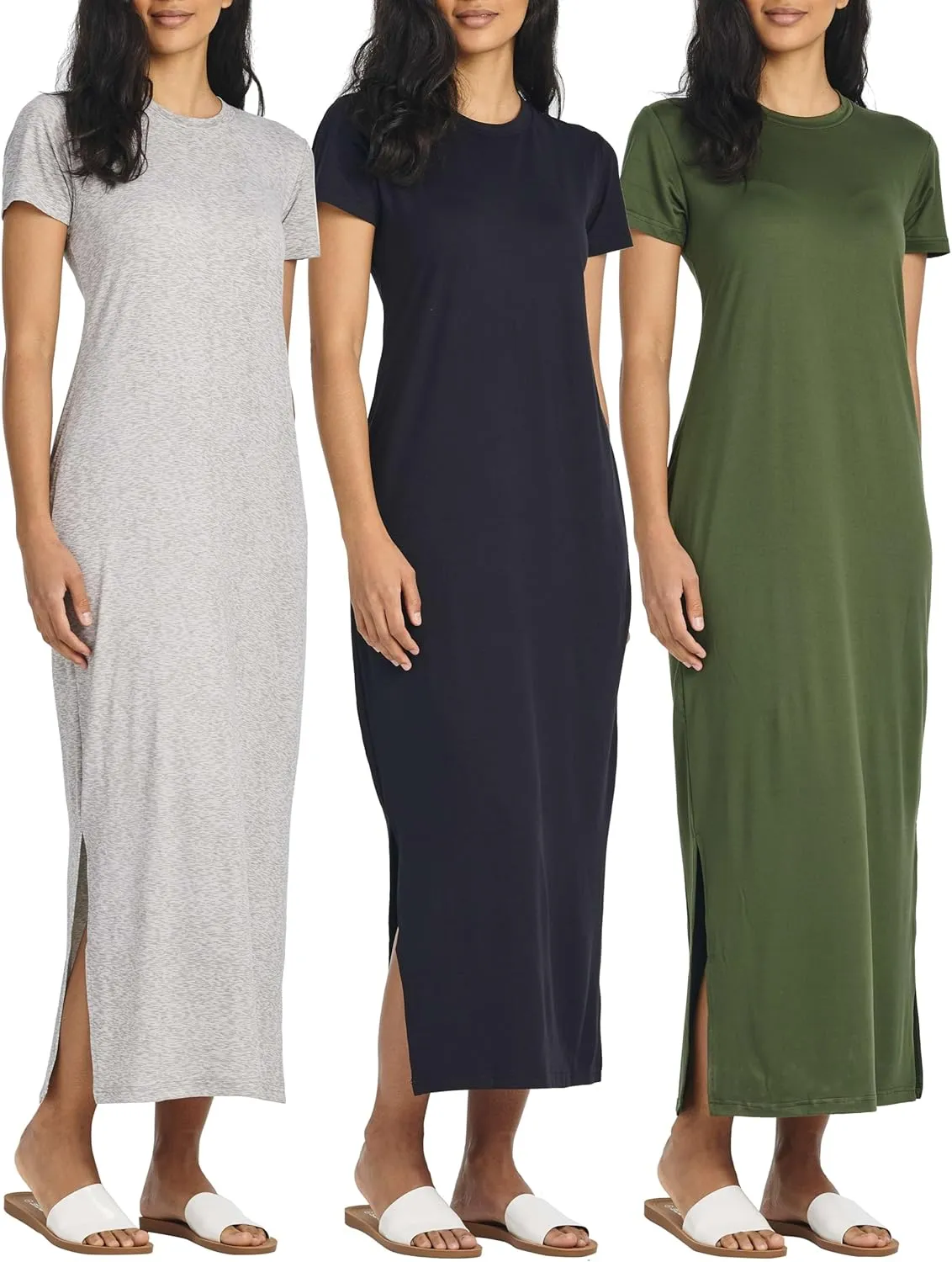 Real Essentials 3 Pack Womens Casual Short Sleeve Maxi T-Shirt Summer Dress with Slit & Pockets (Available in Plus Size)