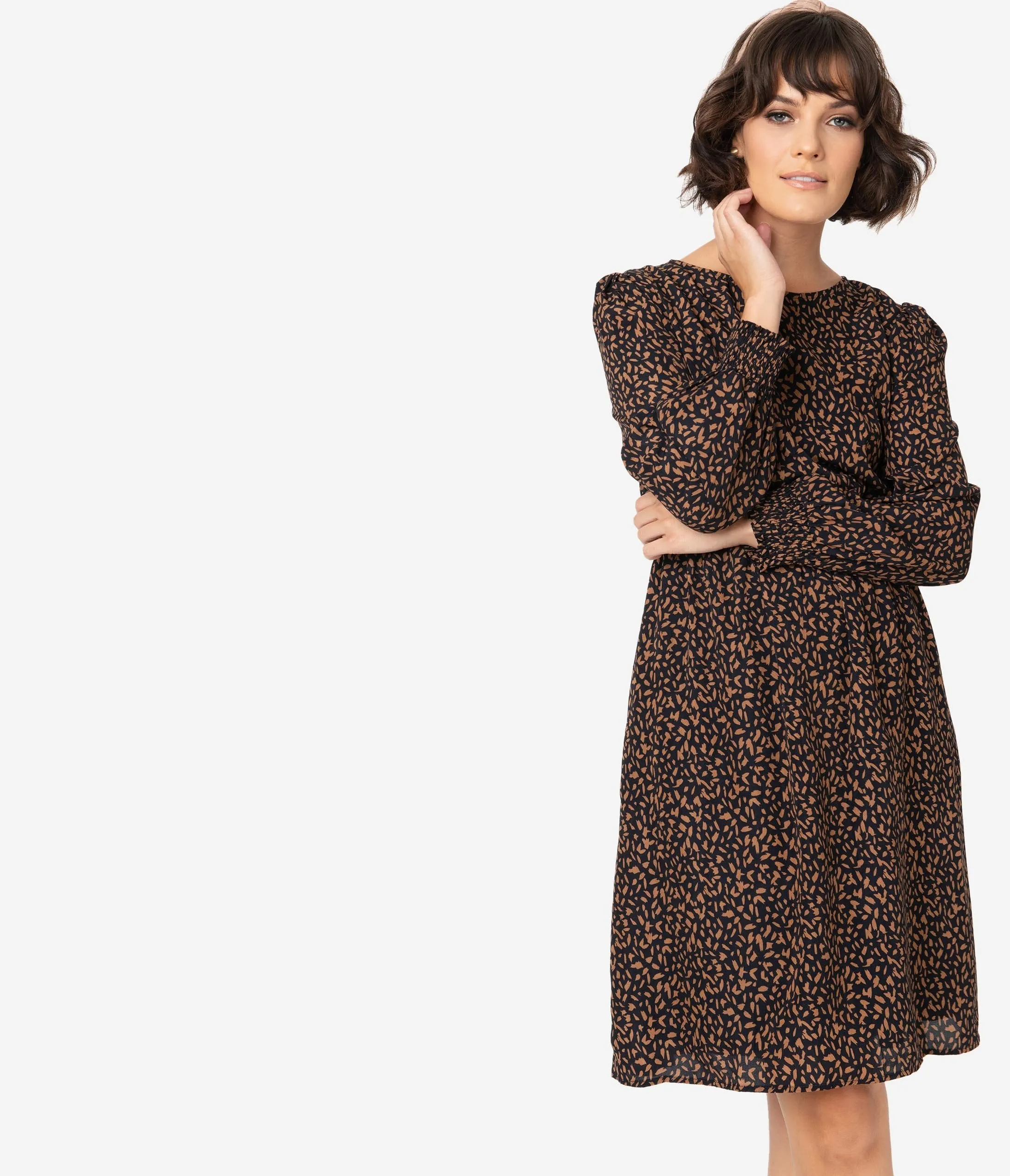 Retro Style Black & Brown Print Long Sleeve Flare Dress