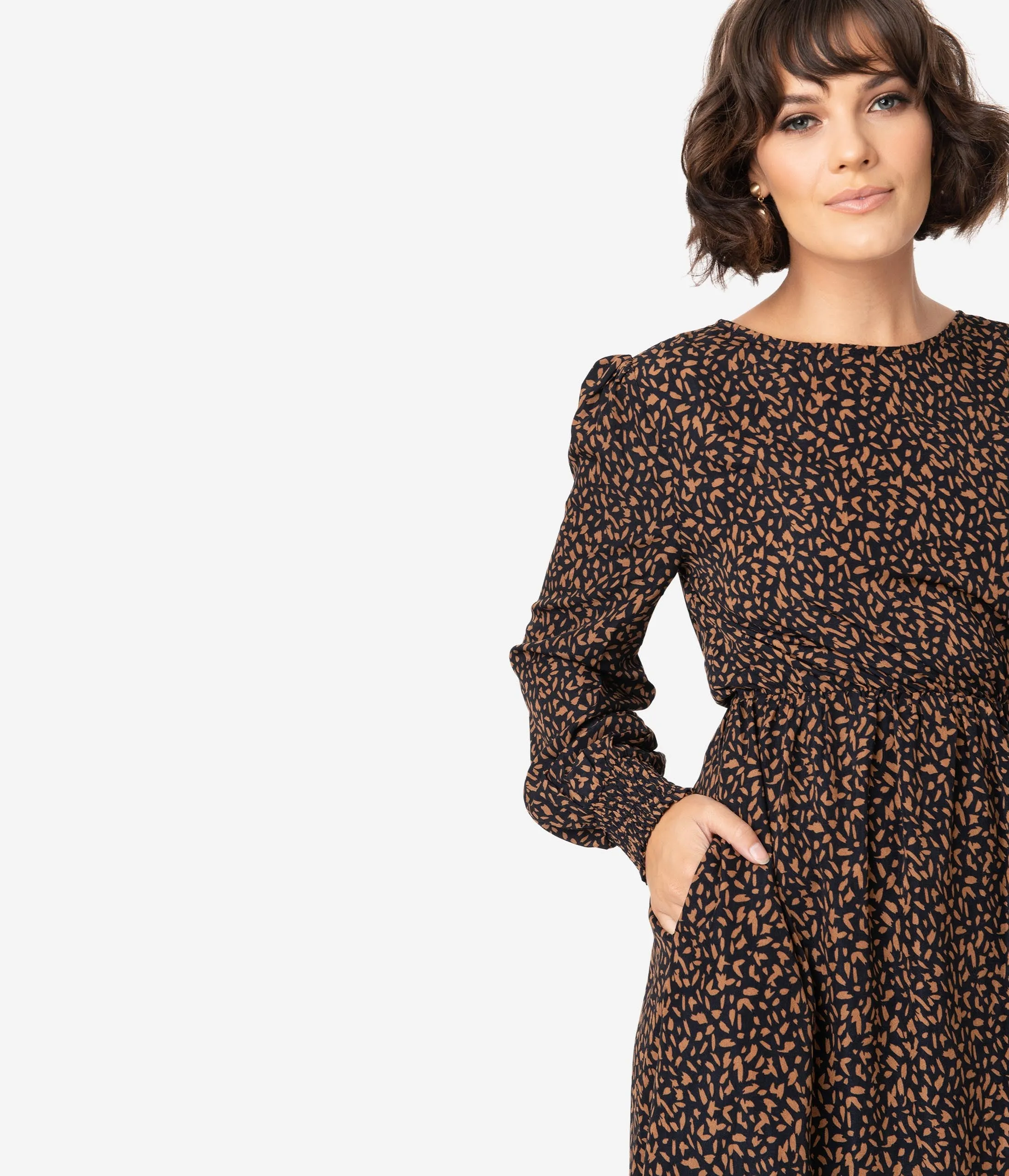 Retro Style Black & Brown Print Long Sleeve Flare Dress