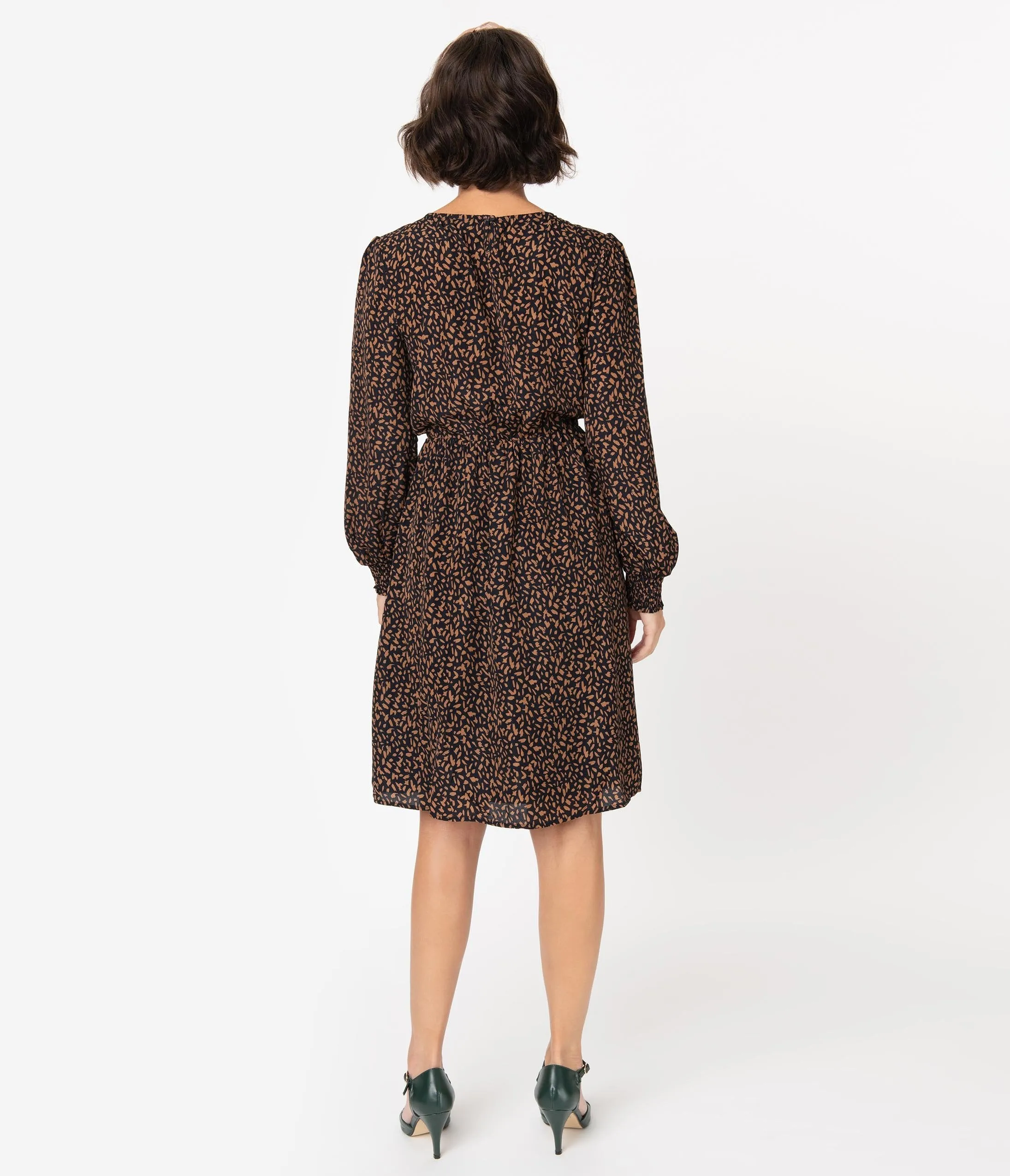 Retro Style Black & Brown Print Long Sleeve Flare Dress