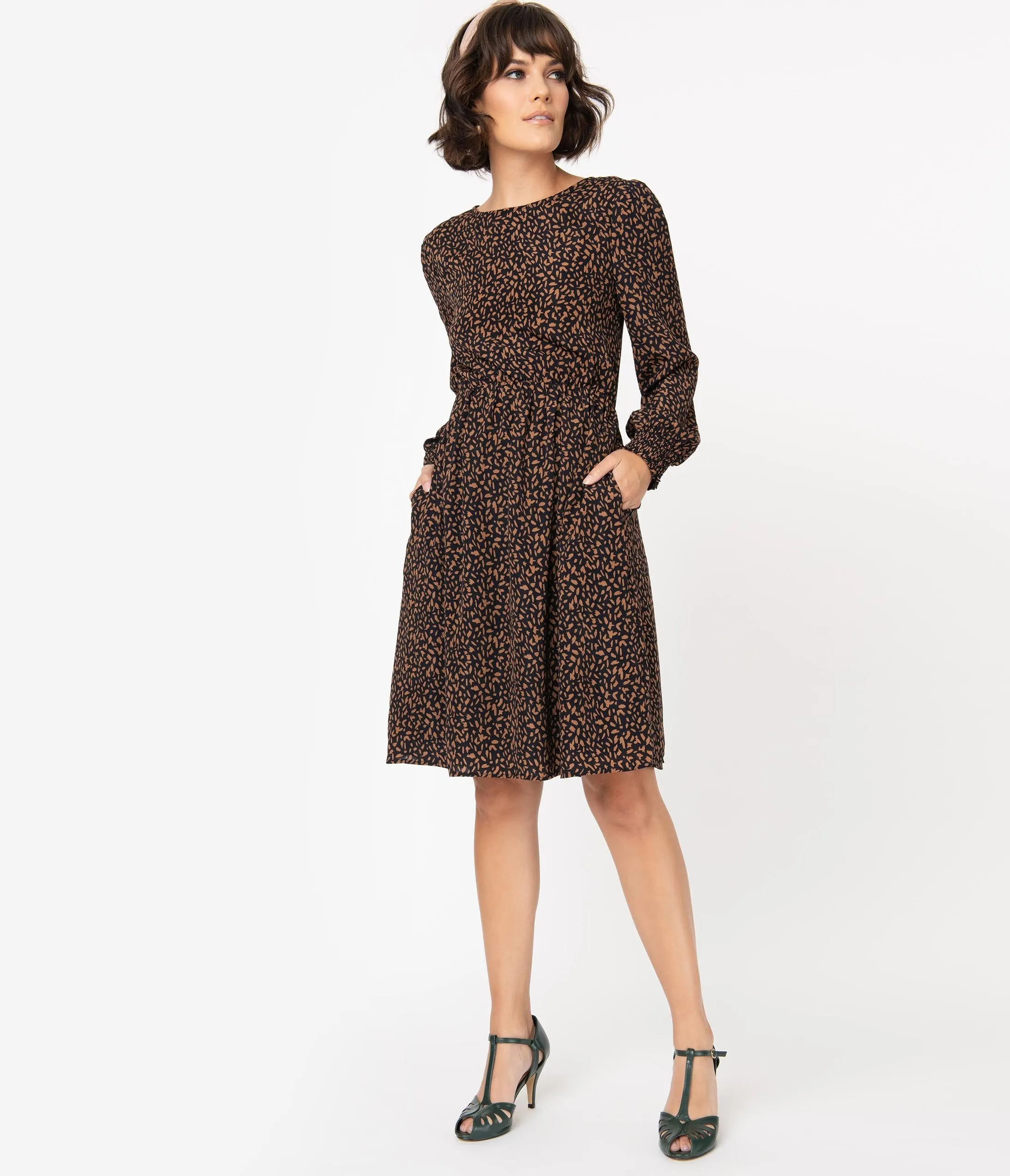 Retro Style Black & Brown Print Long Sleeve Flare Dress