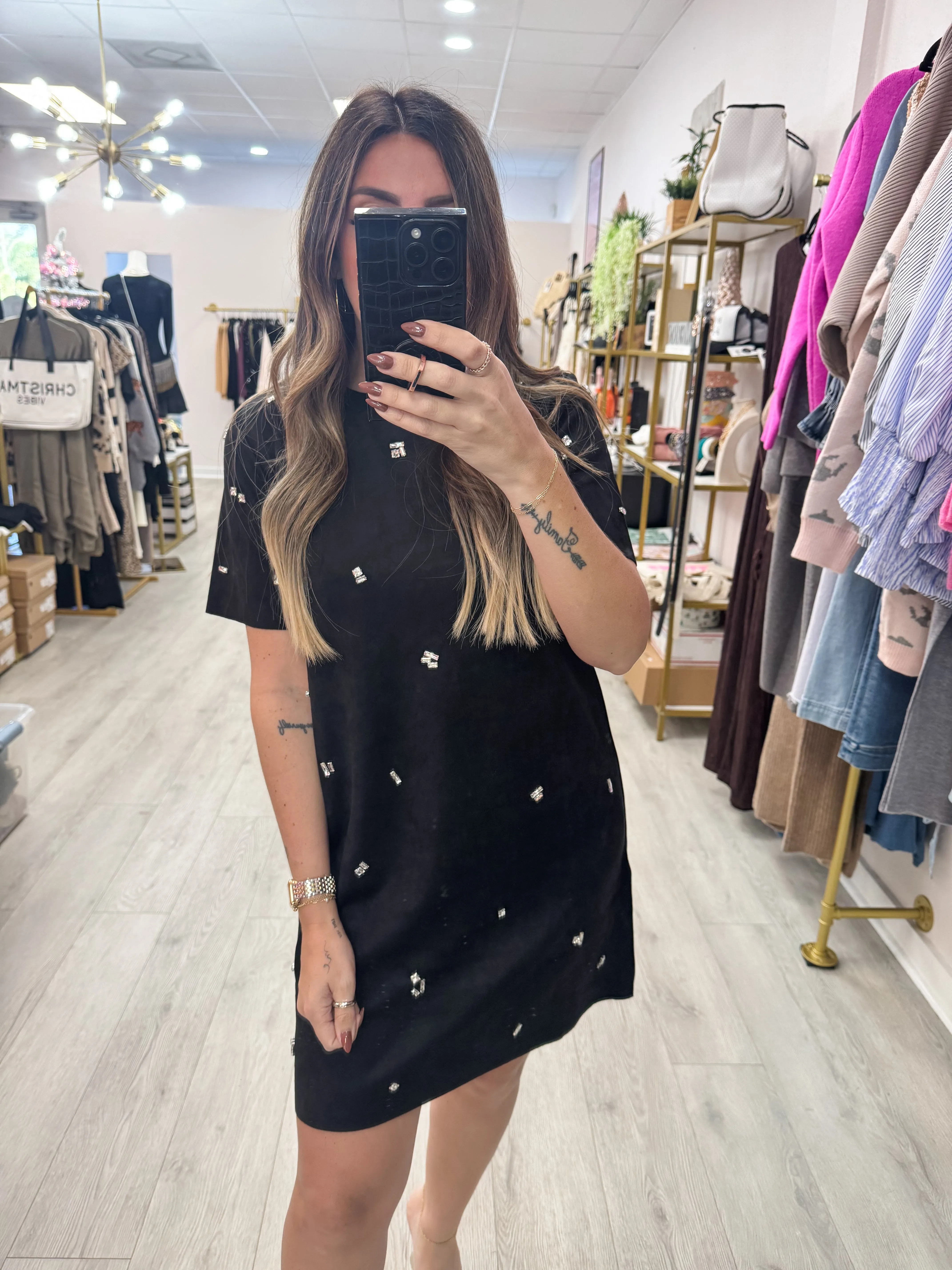 Rhinestone Faux Suede Shift Dress