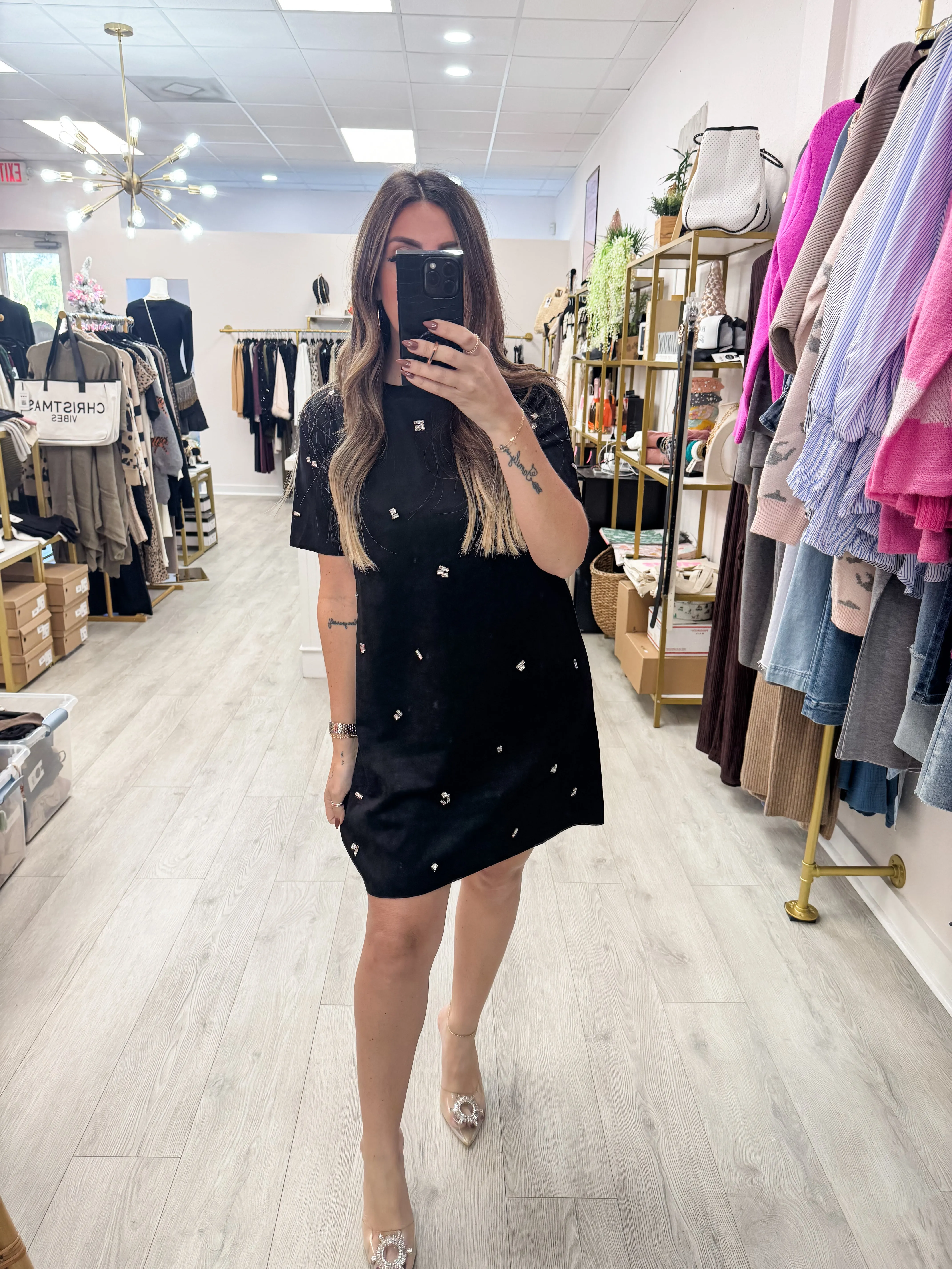 Rhinestone Faux Suede Shift Dress
