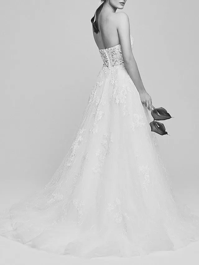 Romantic Backless A-Line Wedding Dresses Sweetheart Lace Tulle Strapless Bridal Gowns with Court Train