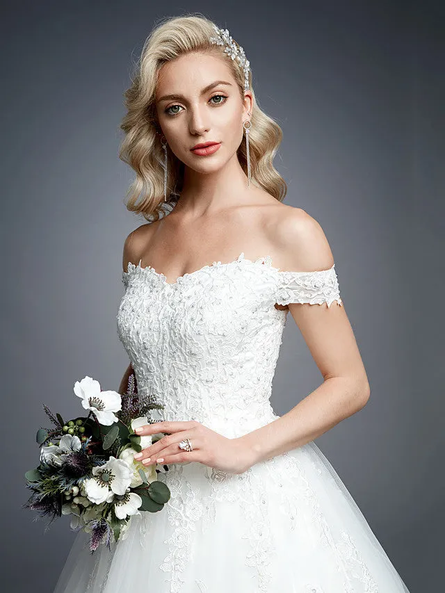 Romantic Ball Gown Wedding Dress Off Shoulder Lace Tulle Short Sleeve Sparkle & Shine Bridal Gowns with Court Train