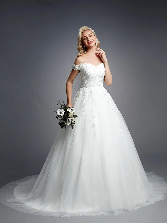 Romantic Ball Gown Wedding Dress Off Shoulder Lace Tulle Short Sleeve Sparkle & Shine Bridal Gowns with Court Train