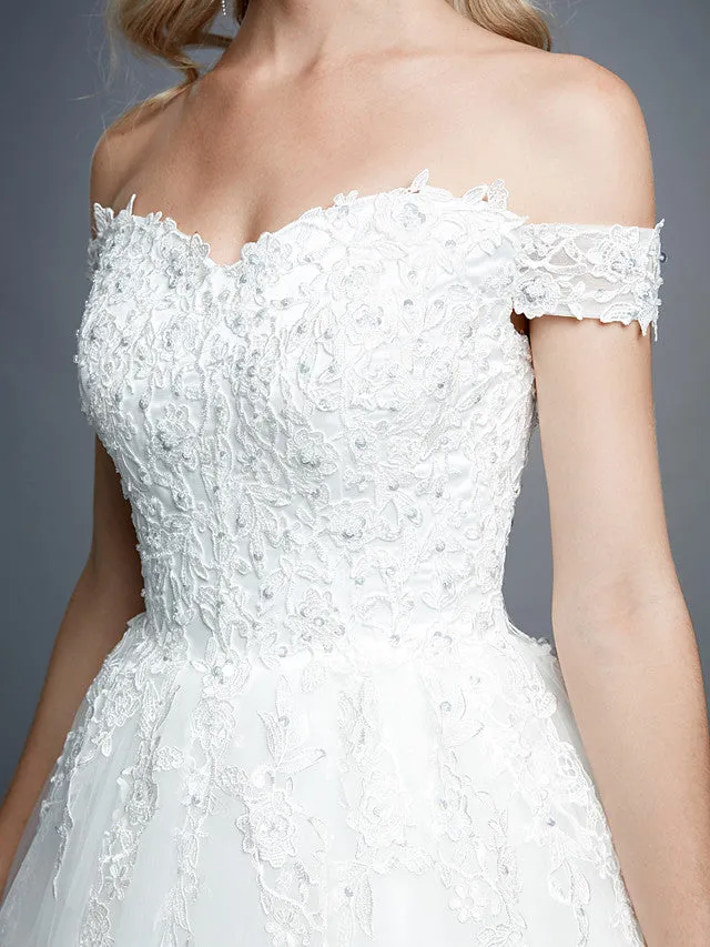Romantic Ball Gown Wedding Dress Off Shoulder Lace Tulle Short Sleeve Sparkle & Shine Bridal Gowns with Court Train