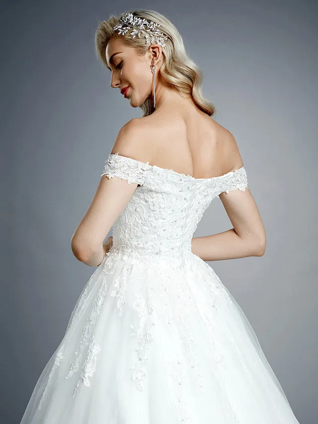 Romantic Ball Gown Wedding Dress Off Shoulder Lace Tulle Short Sleeve Sparkle & Shine Bridal Gowns with Court Train