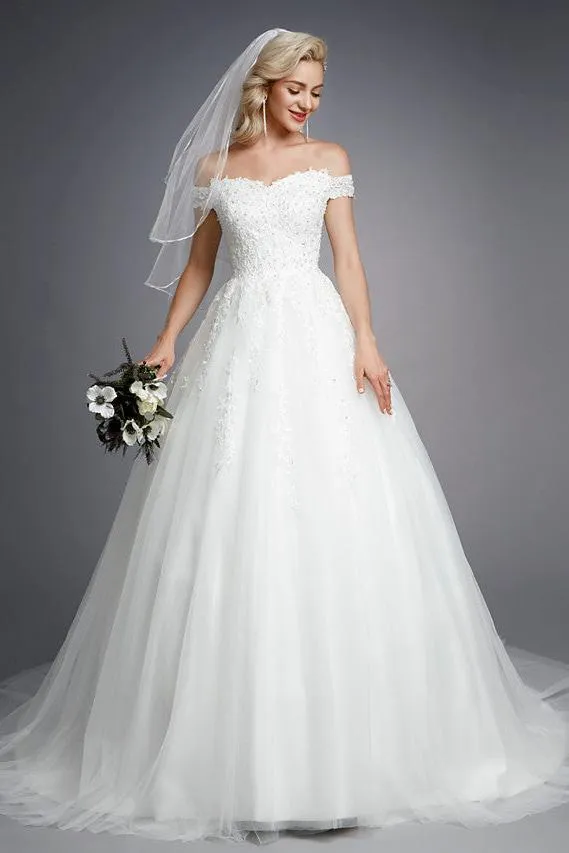 Romantic Ball Gown Wedding Dress Off Shoulder Lace Tulle Short Sleeve Sparkle & Shine Bridal Gowns with Court Train
