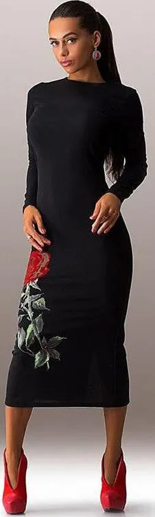 Rose Print Long Sleeve Back Zipper Bodycon Long Dress