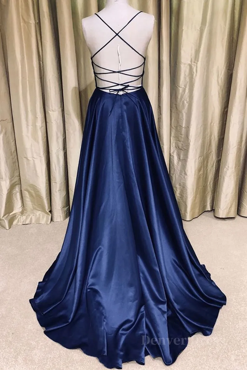 Royal Blue V Neck Backless Satin Long Prom Dresses Royal Blue Formal Dresses Backless Royal Blue Evening Dresses