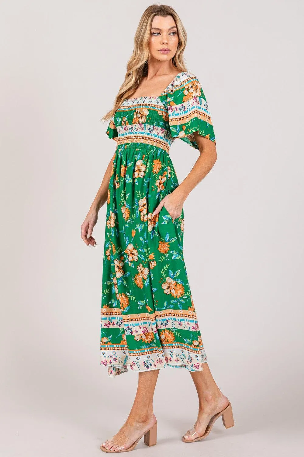 SAGE   FIG Printed Smocked Short Sleeve Midi Dress